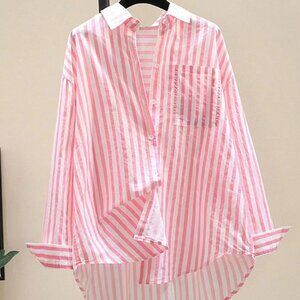 Pink Casual Women's Striped Print Long Sleeve Chest Pocket Shirt